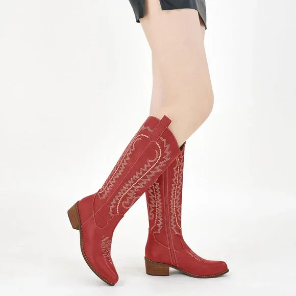 Women's Red Embroidered Knee High Chunky Heel Pointed Zipper Tall Boots - Picture 6 of 7